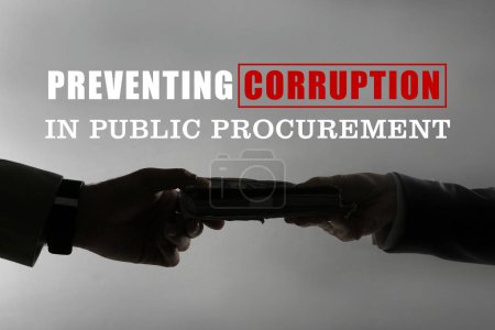 Photo for Preventing corruption in public procurement. Silhouettes of woman giving bribe money to businessman on dark grey background, closeup - Royalty Free Image