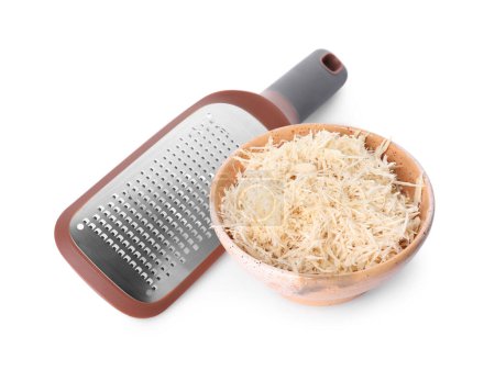 Photo for Grated horseradish in bowl and hand grater isolated on white - Royalty Free Image
