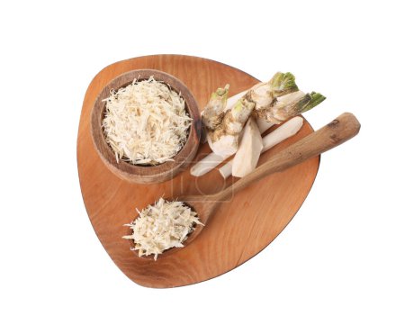 Photo for Board with grated horseradish, cut roots and spoon isolated on white, top view - Royalty Free Image
