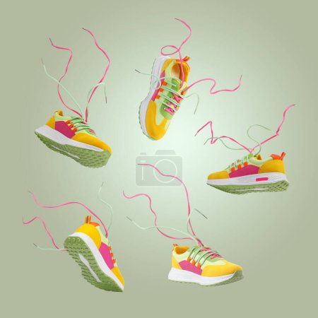 Téléchargez les photos : Baskets élégantes lumineuses dans l'air sur fond de couleur olive, conception de collage - en image libre de droit