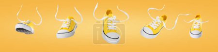 Téléchargez les photos : Baskets élégantes dans l'air sur fond jaune, vue de différents côtés - en image libre de droit