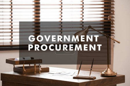 Photo for Government procurement. Office interior with stationery and documents on desk - Royalty Free Image
