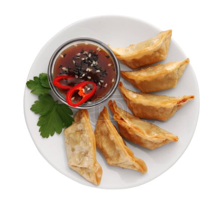 Téléchargez les photos : Délicieux gyoza (boulettes asiatiques) avec sauce soja, poivre, persil et sésame isolé sur blanc, vue de dessus - en image libre de droit