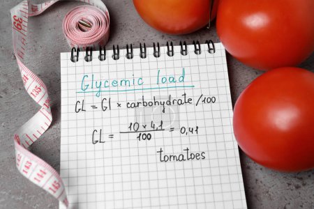 Photo for Notebook with calculated glycemic load for tomatoes, measuring tape and fresh vegetables on grey table, above view - Royalty Free Image