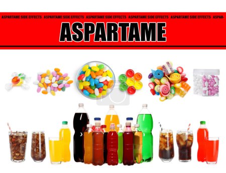 Foto de Peligro de aspartamo. Diferentes bebidas gaseosas y caramelos que contienen sustituto de azúcar sobre fondo blanco - Imagen libre de derechos