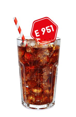 Photo for Caution about using of aspartame in product. Warning sign with artificial sweetener code (E951). Glass of soda drink containing sugar substitute on white background - Royalty Free Image