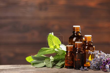 Foto de Botellas con aceites esenciales, hierbas y flores sobre mesa de madera. Espacio para texto - Imagen libre de derechos