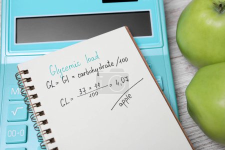 Photo for Notebook with calculated glycemic load for apples, calculator and fresh fruits on table, closeup - Royalty Free Image