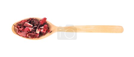 Foto de Cuchara de madera de té de hibisco seco aislado en blanco, vista superior - Imagen libre de derechos