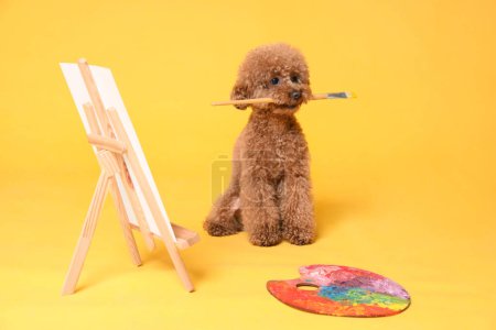 Téléchargez les photos : Chien artiste. Mignon Maltipoo tenant pinceau près du chevalet avec toile et palette sur fond orange - en image libre de droit