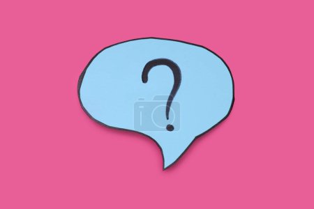 Photo for Paper speech bubble with question mark on pink background, top view - Royalty Free Image