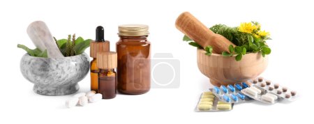 Mortars, herbs, pills and extracts isolated on white, set. Alternative medicine