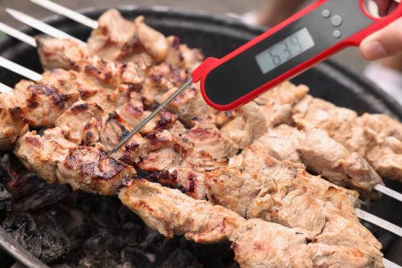 Photo for Man measuring temperature of delicious kebab on metal brazier, closeup - Royalty Free Image