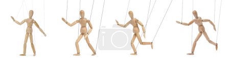 Photo for Wooden puppet with strings on white background, collection of different poses - Royalty Free Image