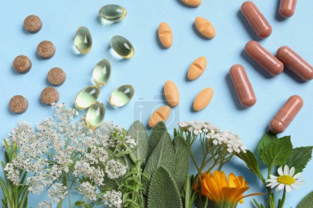 Photo for Different pills, herbs and flowers on light blue background, flat lay. Dietary supplements - Royalty Free Image