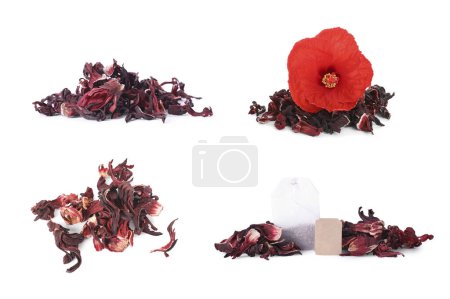 Foto de Montones de té de hibisco seco aislado en blanco, conjunto - Imagen libre de derechos