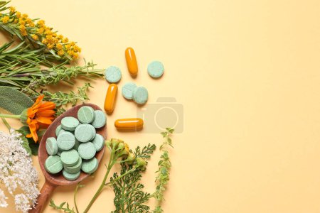 Photo for Different pills, herbs and flowers on pale orange background, flat lay with space for text. Dietary supplements - Royalty Free Image