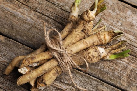 Photo for Bunch of fresh horseradish roots on wooden table, closeup - Royalty Free Image