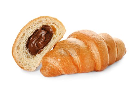 Delicious fresh croissants with chocolate isolated on white