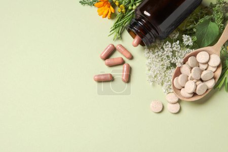 Photo for Different pills, herbs and flowers on light green background, flat lay with space for text. Dietary supplements - Royalty Free Image