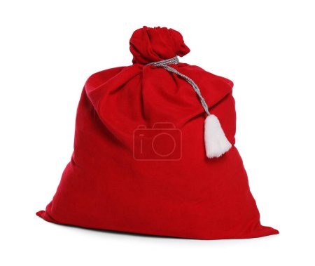 Santa Claus bolsa roja llena de regalos aislados en blanco
