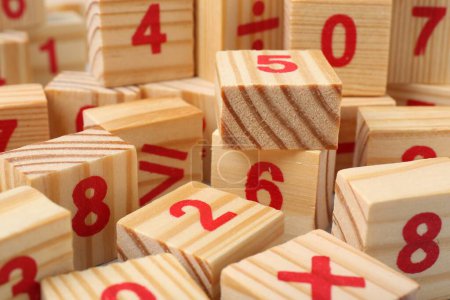Photo for Wooden cubes with numbers and mathematical symbols, closeup - Royalty Free Image