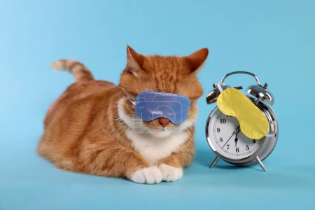 Photo for Cute ginger cat with sleep masks and alarm clock on light blue background - Royalty Free Image