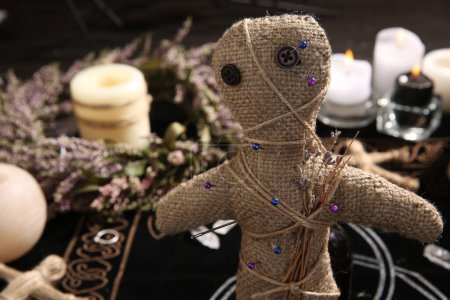 Voodoo doll with pins and dried flowers indoors, closeup