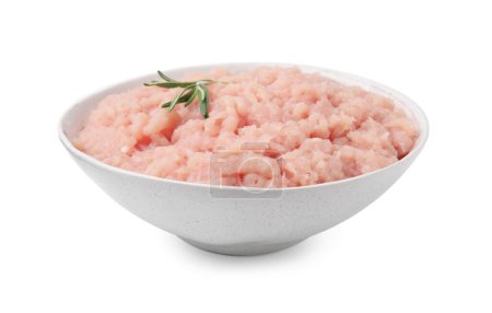 Fresh raw minced meat and rosemary in bowl isolated on white