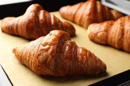 Baking dish with delicious fresh croissants on table, closeup