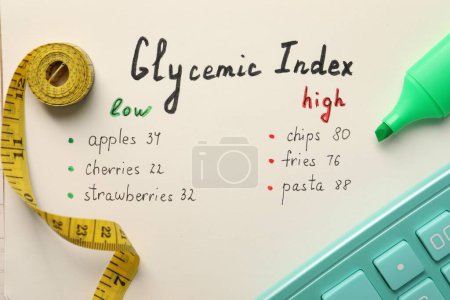 Lista con productos de bajo y alto índice glucémico, marcador, cinta métrica y calculadora, vista superior
