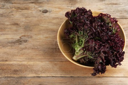 Bowl of fresh red coral lettuce on wooden table, above view with space for text