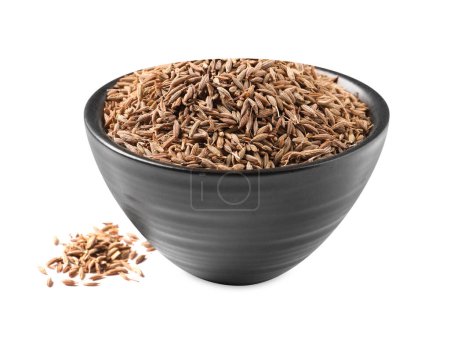 Bowl of aromatic caraway (Persian cumin) seeds isolated on white
