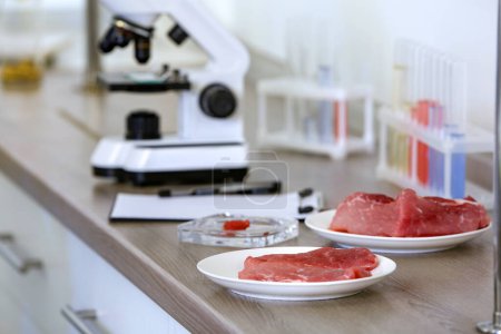 Viande sur table en laboratoire. Procéder au contrôle de qualité