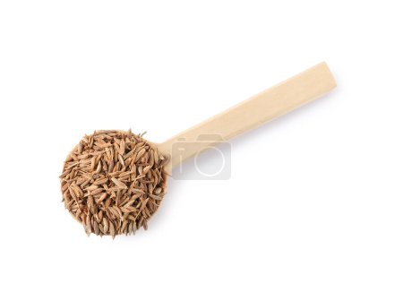Spoon of aromatic caraway (Persian cumin) seeds isolated on white, top view
