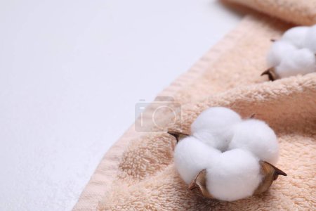 Fluffy cotton flowers and beige terry towel on white background, closeup. Space for text