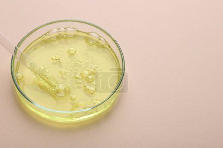 Foto de Placa Petri con muestra de líquido de color y pipeta sobre fondo beige, primer plano. Espacio para texto - Imagen libre de derechos