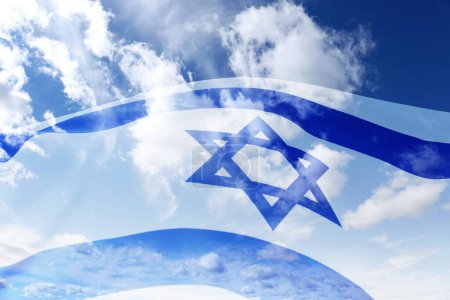 National flag of Israel and blue sky with clouds, double exposure