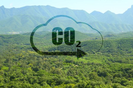 Concept of clear air. CO2 inscription in illustration of cloud with arrow and beautiful mountain landscape