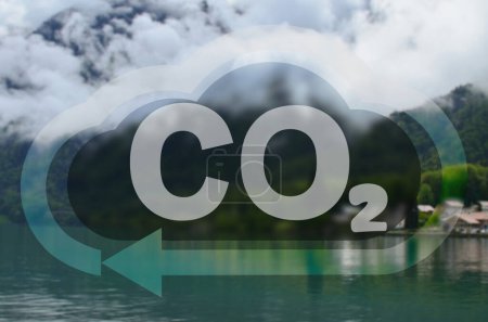 Konzept der klaren Luft. CO2-Inschrift in Abbildung der Wolke mit Pfeil und wunderschönem See