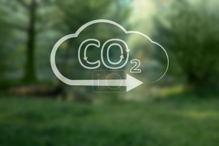 Konzept der klaren Luft. CO2-Inschrift im Bild der Wolke mit Pfeil und wunderschönem Park