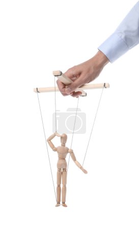 Photo for Man pulling strings of puppet on white background, closeup - Royalty Free Image
