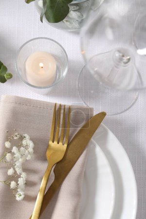 Photo for Beautiful table setting with floral decor, flat lay - Royalty Free Image