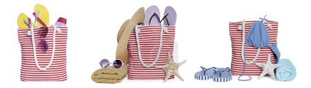 Elegante bolso a rayas y otros accesorios de playa aislados en blanco, conjunto