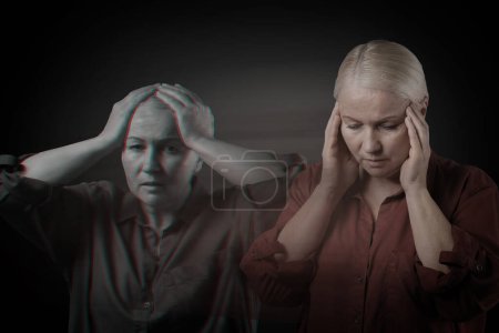 Woman suffering from mental illness on black background, glitch effect. Dissociative identity disorder
