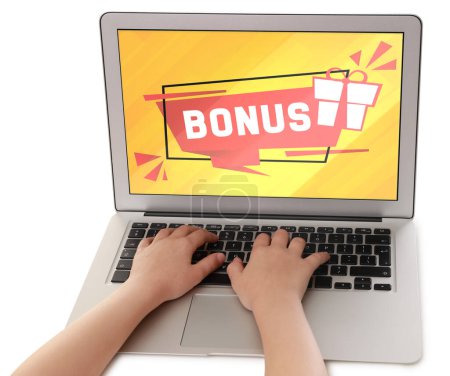 Bonus gaining. Child using laptop on white background, closeup. Illustration of gift box and word on device screen