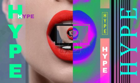 Hype, kreative Kunstwerke. Frau mit roten Lippen hält Monitor im Mund, Rekursionseffekt