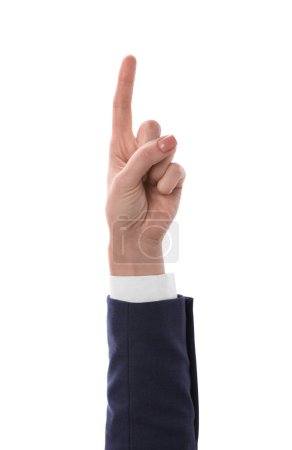 Woman pointing with index finger on white background, closeup