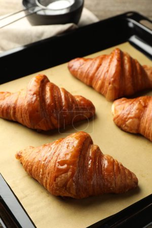 Baking dish with delicious fresh croissants on table, closeup