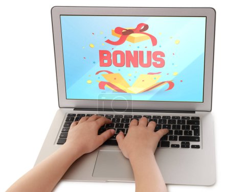 Bonus gaining. Child using laptop on white background, closeup. Illustration of open gift box, word and confetti on device screen